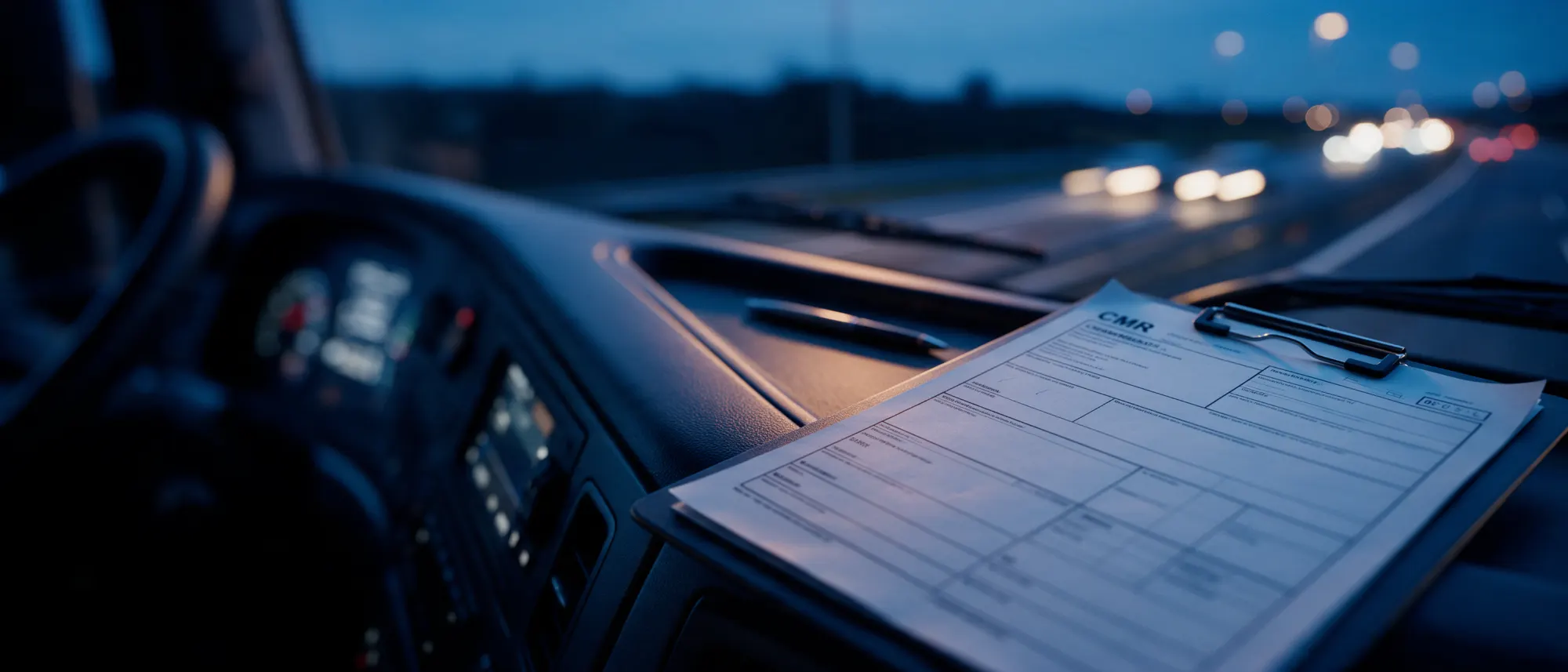 CMR-Frachtbrief auf einem Klemmbrett im LKW-Cockpit