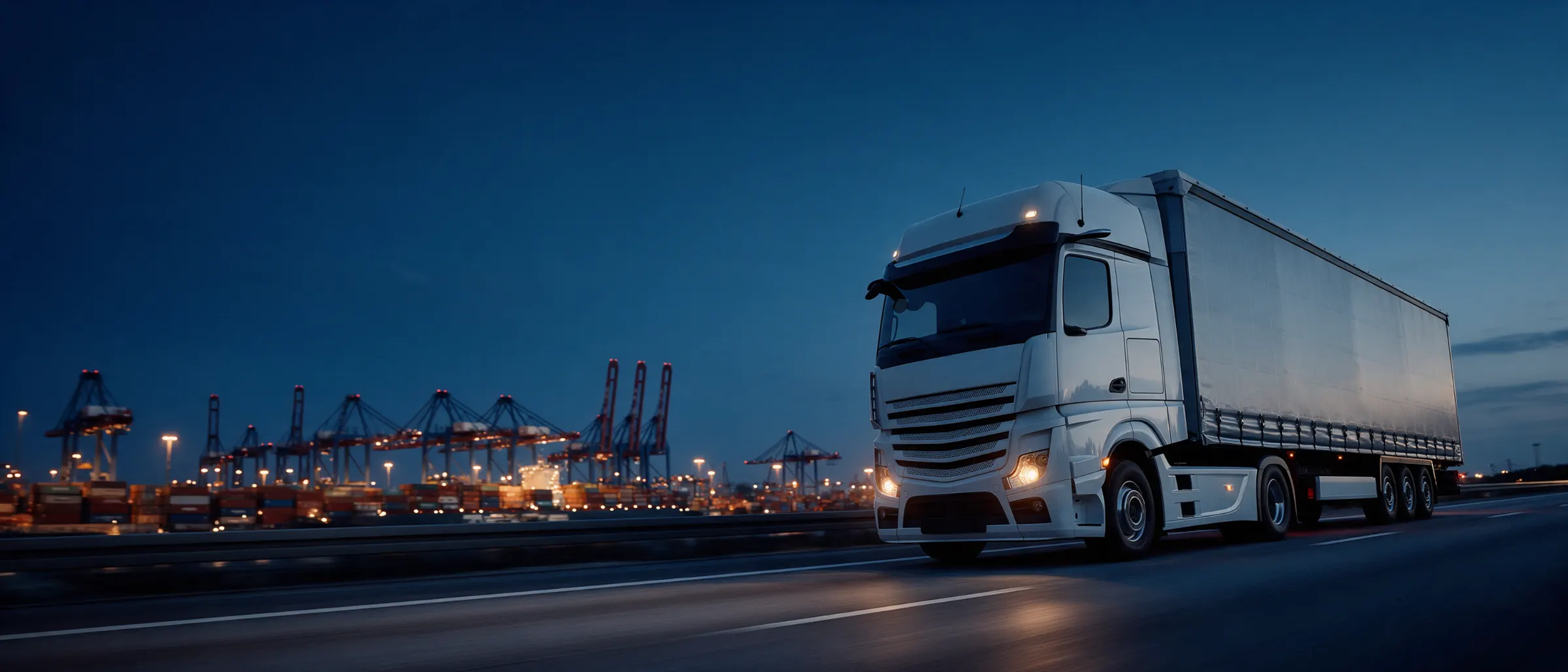 Sattelzug auf der Autobahn vor dem Hamburger Containerhafen zur blauen Stunde