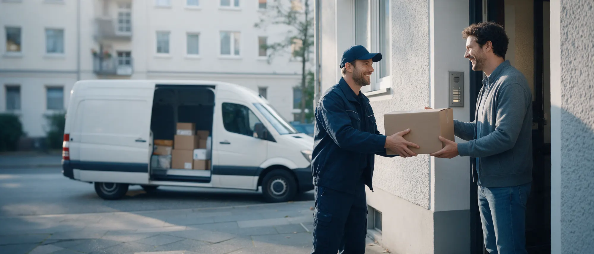 Paketzusteller übergibt ein Paket an der Haustür, Transporter mit Paketen im Hintergrund