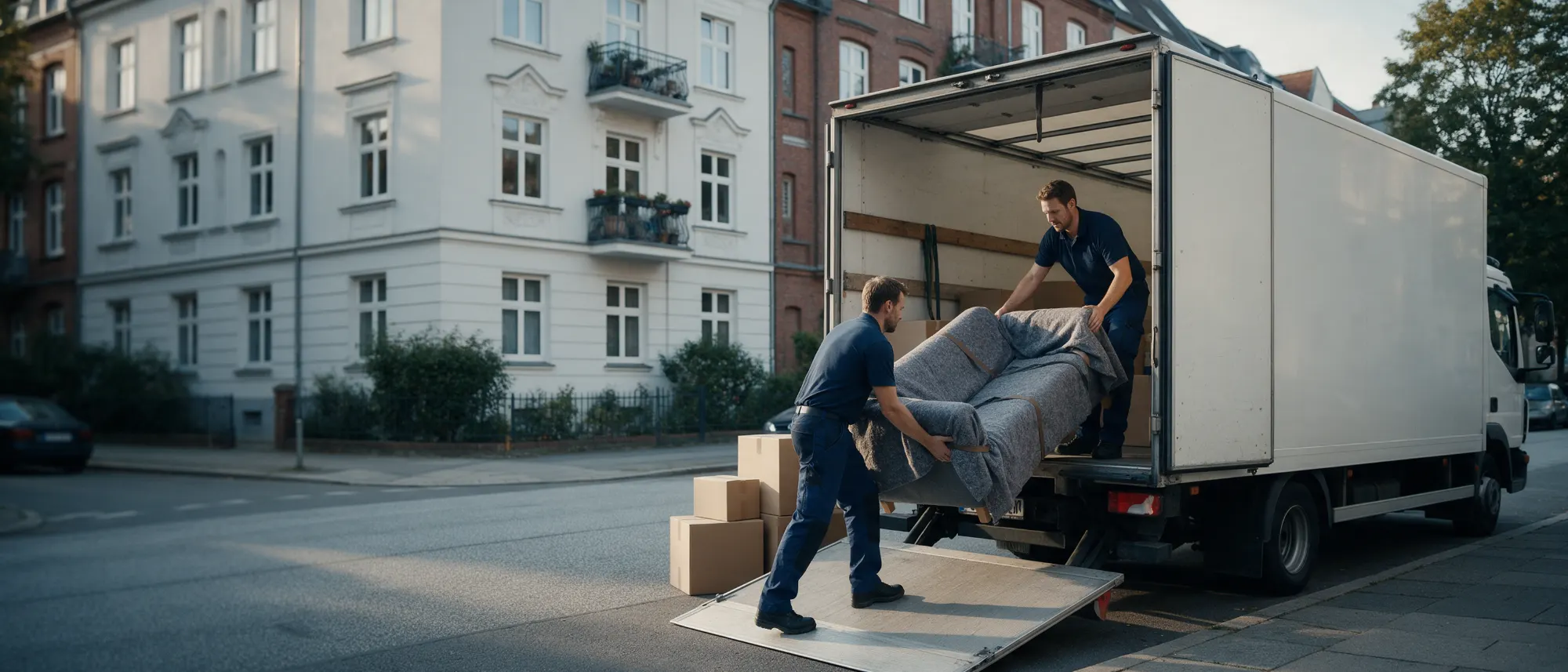 Zwei Möbelpacker laden ein Sofa in einen Umzugswagen vor einem Hamburger Altbau
