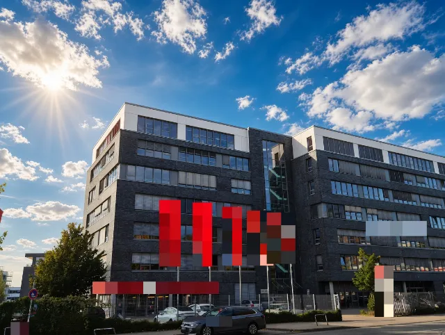 Bürohaus mit dunkler Klinkerfassade an der Schnackenburgallee in Hamburg unter blauem Himmel